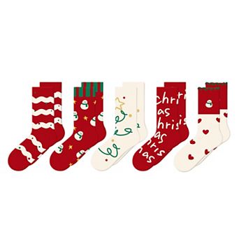 Set of 5 Christmas Crew Socks with Festive Snowman, Heart, and Tree Designs in Soft Knit Fabric