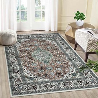 Vintage Floral Washable Area Rug-Low Pile Non-Slip Distressed Print Indoor Rug for Living Room