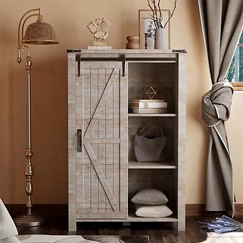 Farmhouse Dresser with Sliding Barn Door, 5 Drawer Storage Cabinet with Adjustable Shelves