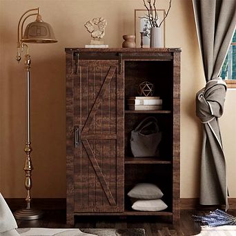 Farmhouse Dresser with Sliding Barn Door, 5 Drawer Storage Cabinet with Adjustable Shelves