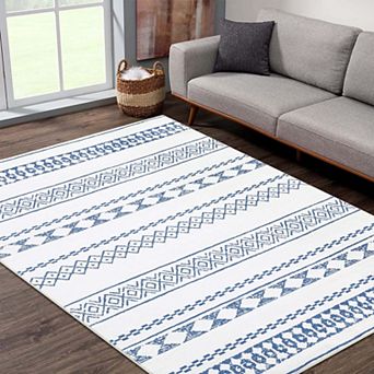 Modern Geometric Washable Area Rug-Non-Slip Low Pile Foldable Thin Mat for Living Room Bedroom Home