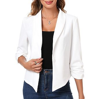 Women 3/4 Sleeve Cropped Blazer Open Front Cardigan Jacket Work Office Blazer