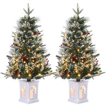 2 pc 3ft Small Pre-Lit Christmas Tree with 78 Warm White LED Lights, Snowman Light Box