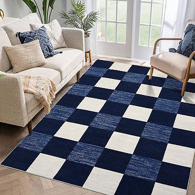 Classic Plaid Modern Rug, Minimalist Thin Carpet for Living Room Bedroom Office, Easy Clean