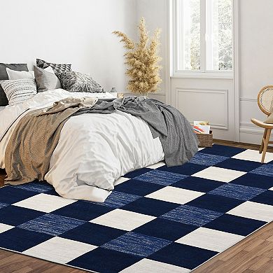 Classic Plaid Modern Rug, Minimalist Thin Carpet for Living Room Bedroom Office, Easy Clean