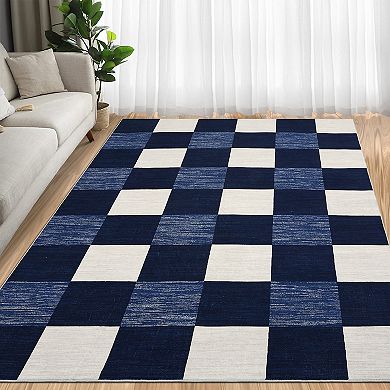 Classic Plaid Modern Rug, Minimalist Thin Carpet for Living Room Bedroom Office, Easy Clean