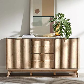 60" Modern Fluted Dresser with Sliding Doors, 4 Drawers Storage Cabinet for Bedroom, Living Room
