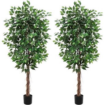 Set of 2 Artificial Ficus Trees Dual Trunks, Realistic Faux Greenery in Black Pots for Home