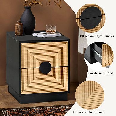 LuxenHome Mid Century Modern Boho 2-Drawer Black Night Stand Small Side Table with Storage