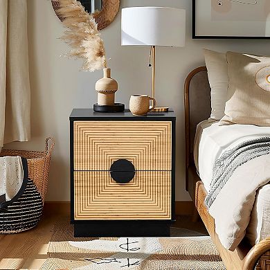 LuxenHome Mid Century Modern Boho 2-Drawer Black Night Stand Small Side Table with Storage