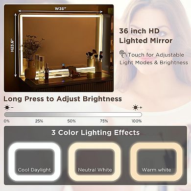 48" Vanity Desk with 36" Lighted Mirror, Fluted Makeup Table with Drawers & Charging Station