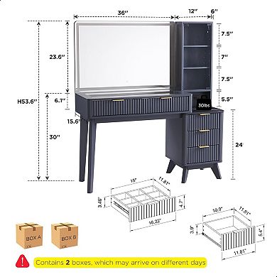 48" Vanity Desk with 36" Lighted Mirror, Fluted Makeup Table with Drawers & Charging Station