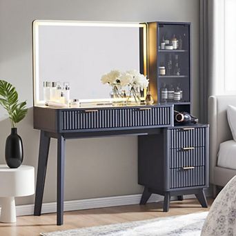 48" Vanity Desk with 36" Lighted Mirror, Fluted Makeup Table with Drawers & Charging Station