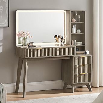 48" Vanity Desk with 36" Lighted Mirror, Fluted Makeup Table with Drawers & Charging Station