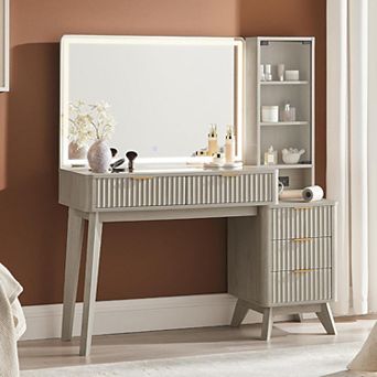 48" Vanity Desk with 36" Lighted Mirror, Fluted Makeup Table with Drawers & Charging Station
