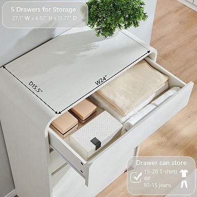 Modern 5-Drawer Wood Storage Dresser, Curved Profile, 45" Tall Bedroom Organizer Cabinet