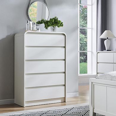 Modern 5-Drawer Wood Storage Dresser, Curved Profile, 45" Tall Bedroom Organizer Cabinet