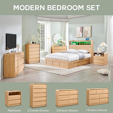 Modern 5-Drawer Wood Storage Dresser, Curved Profile, 45" Tall Bedroom Organizer Cabinet