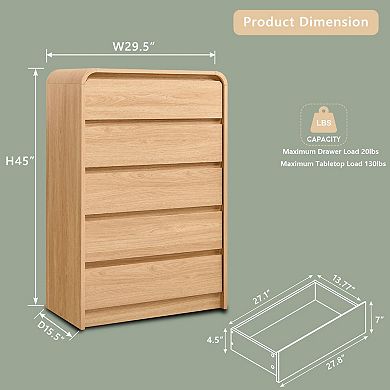 Modern 5-Drawer Wood Storage Dresser, Curved Profile, 45" Tall Bedroom Organizer Cabinet