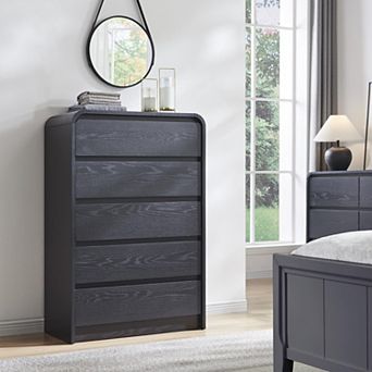 Modern 5-Drawer Wood Storage Dresser, Curved Profile, 45" Tall Bedroom Organizer Cabinet