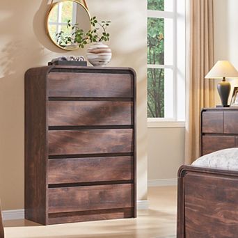 Modern 5-Drawer Wood Storage Dresser, Curved Profile, 45" Tall Bedroom Organizer Cabinet