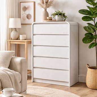 Modern 5-Drawer Wood Storage Dresser, Curved Profile, 45" Tall Bedroom Organizer Cabinet