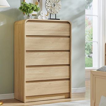 Modern 5-Drawer Wood Storage Dresser, Curved Profile, 45" Tall Bedroom Organizer Cabinet