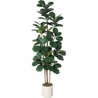 Artificial Fiddle Leaf Fig Tree in White Planter - Realistic Fake Fiddle Leaf Fig Tree