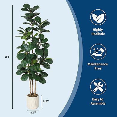 Artificial Fiddle Leaf Fig Tree in White Planter - Realistic Fake Fiddle Leaf Fig Tree