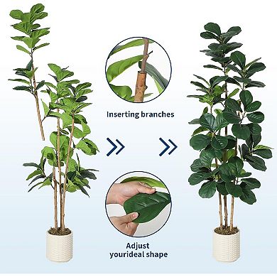 Artificial Fiddle Leaf Fig Tree in White Planter - Realistic Fake Fiddle Leaf Fig Tree