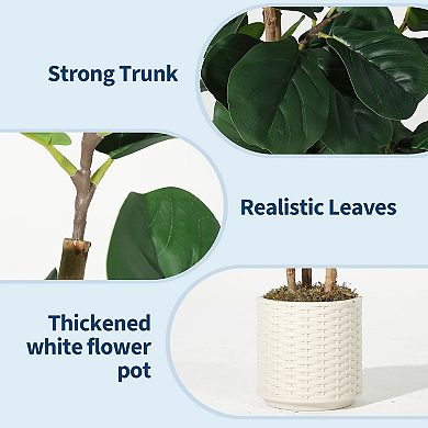 Artificial Fiddle Leaf Fig Tree in White Planter - Realistic Fake Fiddle Leaf Fig Tree