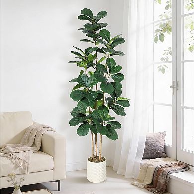 Artificial Fiddle Leaf Fig Tree in White Planter - Realistic Fake Fiddle Leaf Fig Tree