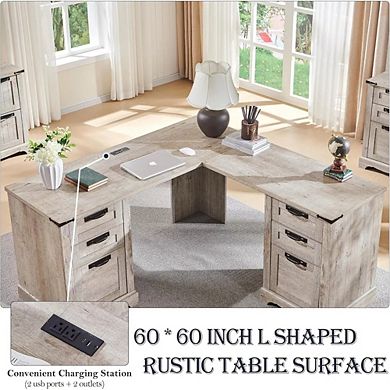 60" L-Shaped Executive Desk with Drawers, Home Office Desk with File Cabinet & Charging Station