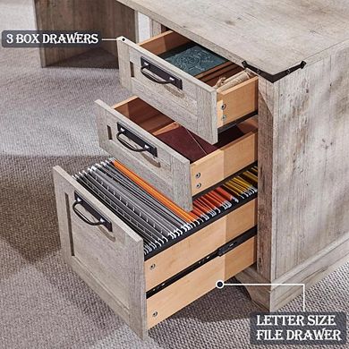 60" L-Shaped Executive Desk with Drawers, Home Office Desk with File Cabinet & Charging Station