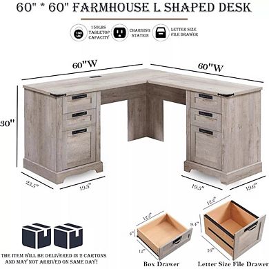 60" L-Shaped Executive Desk with Drawers, Home Office Desk with File Cabinet & Charging Station