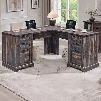 60" L-Shaped Executive Desk with Drawers, Home Office Desk with File Cabinet & Charging Station