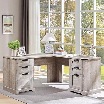 60" L-Shaped Executive Desk with Drawers, Home Office Desk with File Cabinet & Charging Station