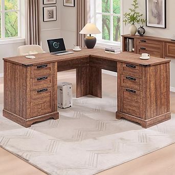 60" L-Shaped Executive Desk with Drawers, Home Office Desk with File Cabinet & Charging Station