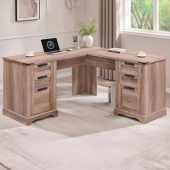 60" L-Shaped Executive Desk with Drawers, Home Office Desk with File Cabinet & Charging Station