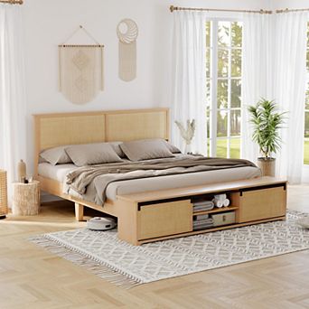 Natural Rattan King Size Bed Frame with Sliding Barn Door Storage Cabinets and Headboard