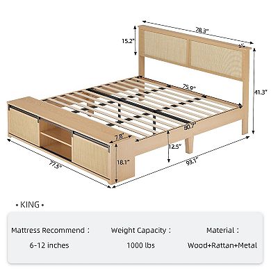 Natural Rattan King Size Bed Frame with Sliding Barn Door Storage Cabinets and Headboard