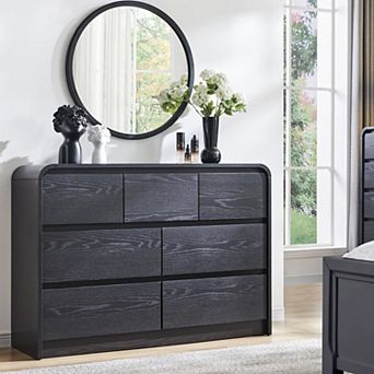 Modern 7-Drawer Dresser, 47" Wood Storage Organizer w/Curved Profile Design for Bedroom Living Room