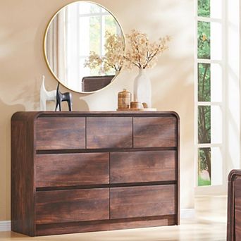 Modern 7-Drawer Dresser, 47" Wood Storage Organizer w/Curved Profile Design for Bedroom Living Room