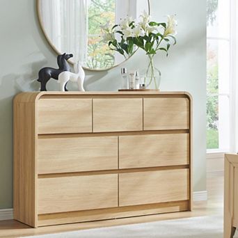 Modern 7-Drawer Dresser, 47" Wood Storage Organizer w/Curved Profile Design for Bedroom Living Room