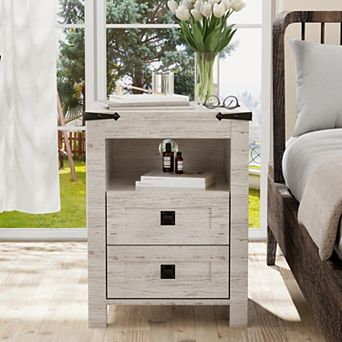 Farmhouse 2-Drawer Nightstand with Charging Station and Open Shelf, Wood Bedside Tables for Bedroom