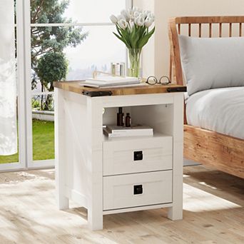 Farmhouse 2-Drawer Nightstand with Charging Station and Open Shelf, Wood Bedside Tables for Bedroom