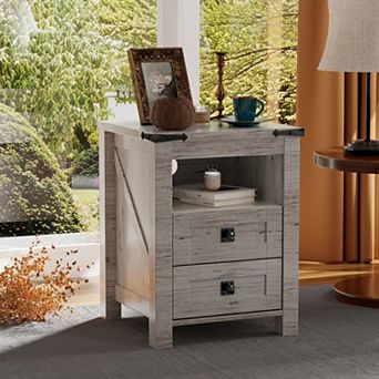 Farmhouse 2-Drawer Nightstand with Charging Station and Open Shelf, Wood Bedside Tables for Bedroom