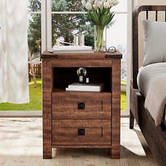 Farmhouse 2-Drawer Nightstand with Charging Station and Open Shelf, Wood Bedside Tables for Bedroom