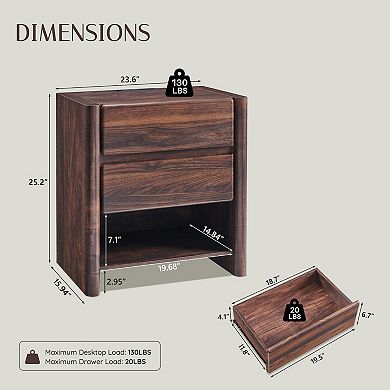 Modern 2-Drawer Nightstand with Charging Station, Open Shelf, Rounded End Table for Living Room