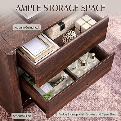 Modern 2-Drawer Nightstand with Charging Station, Open Shelf, Rounded End Table for Living Room